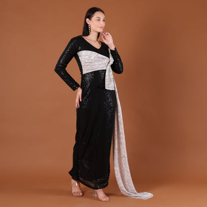 Black All-Over Sequin Maxi Dress with Silver Bow Sash