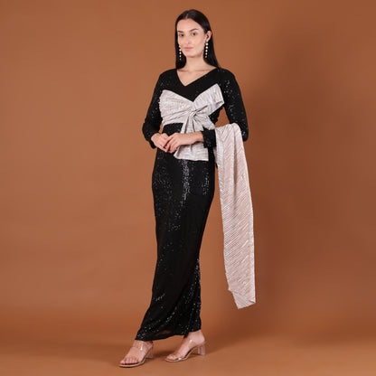 Black All-Over Sequin Maxi Dress with Silver Bow Sash