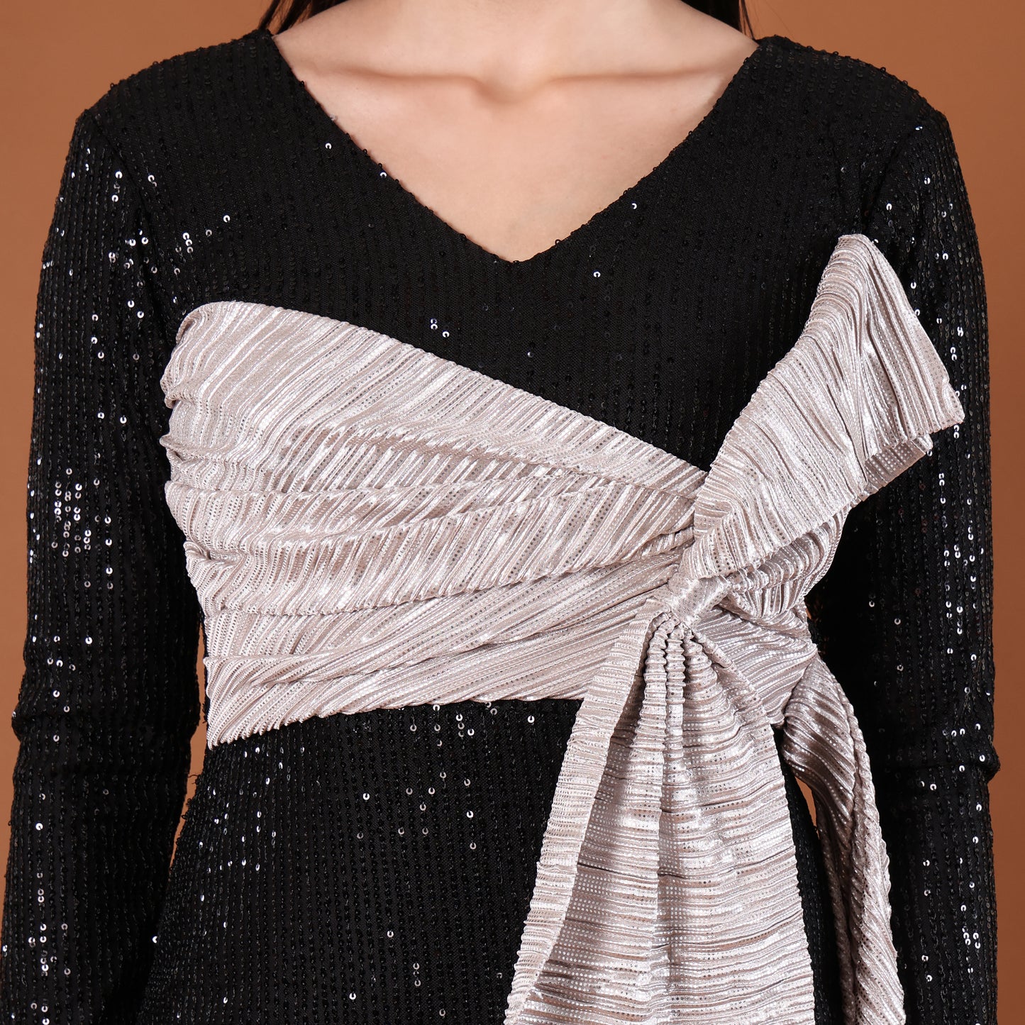 Black All-Over Sequin Maxi Dress with Silver Bow Sash