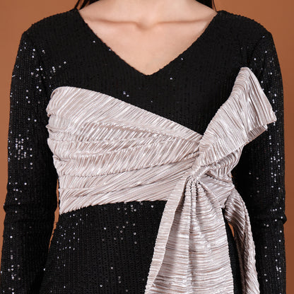 Black All-Over Sequin Maxi Dress with Silver Bow Sash