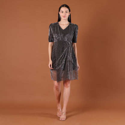 Gunmetal Silver Metallic Shimmer Belted Mini Dress