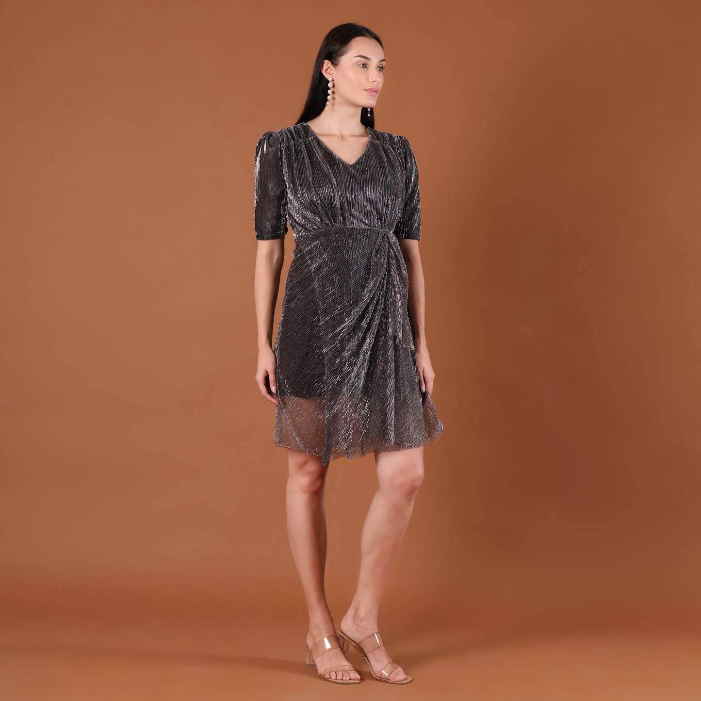 Gunmetal Silver Metallic Shimmer Belted Mini Dress