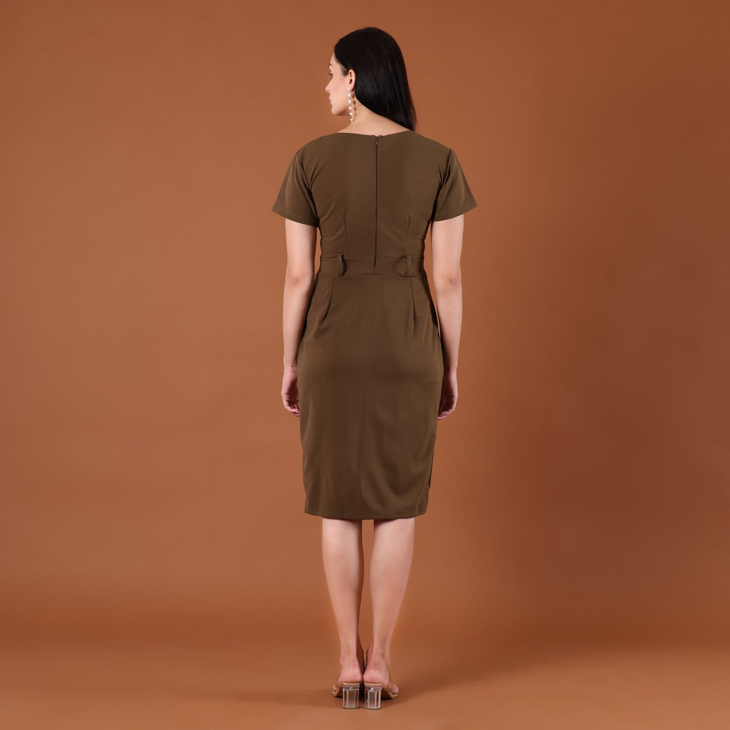 Olive Green Belted Bodycon Midi Dress