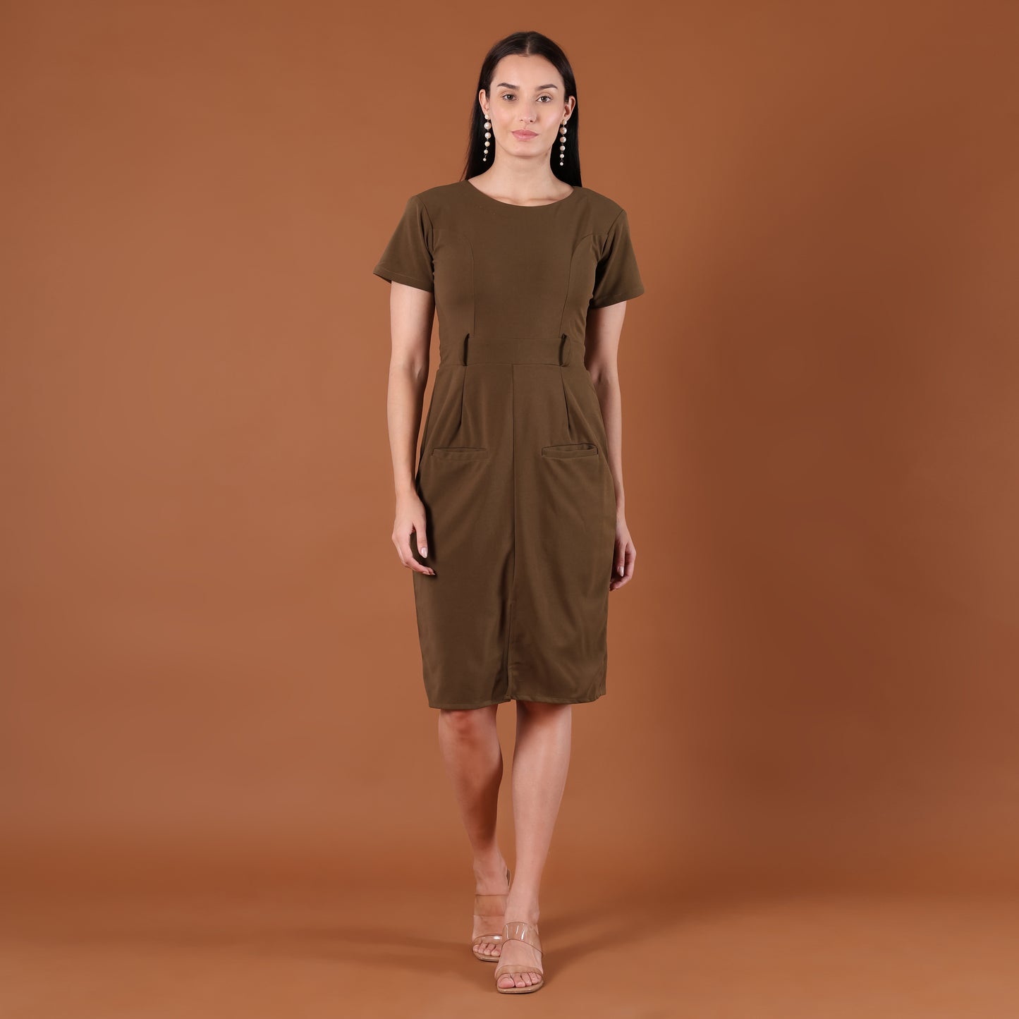 Olive Green Belted Bodycon Midi Dress