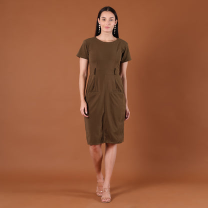 Olive Green Belted Bodycon Midi Dress