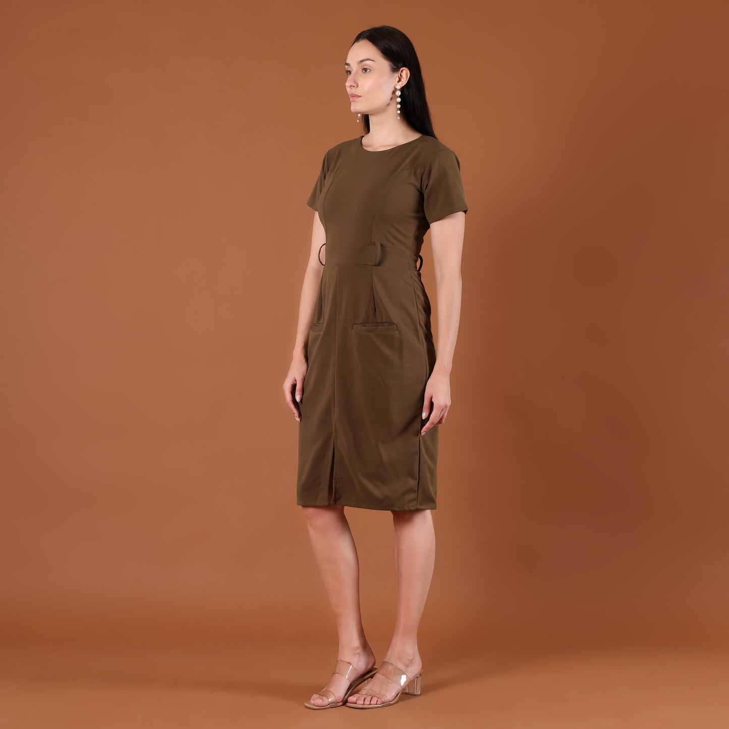 Olive Green Belted Bodycon Midi Dress
