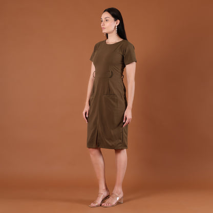 Olive Green Belted Bodycon Midi Dress