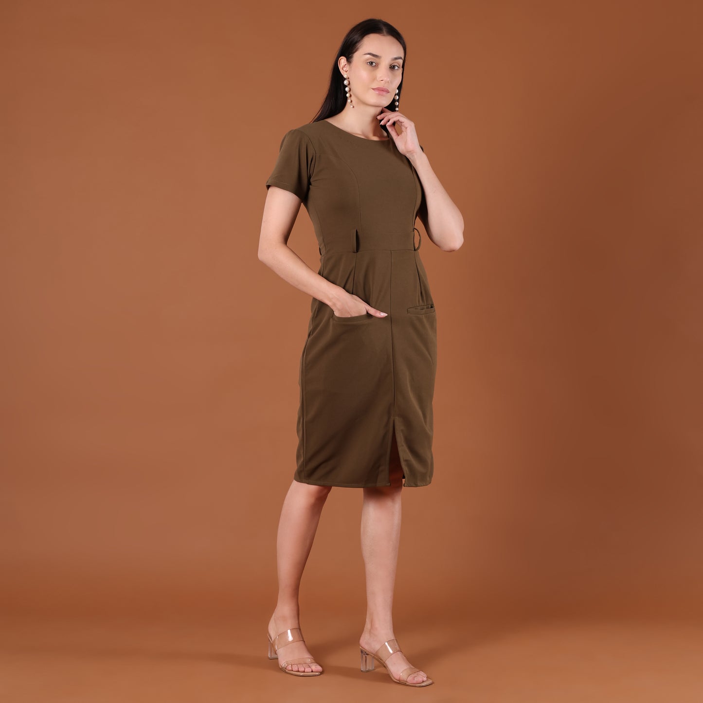 Olive Green Belted Bodycon Midi Dress