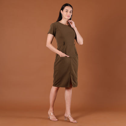 Olive Green Belted Bodycon Midi Dress