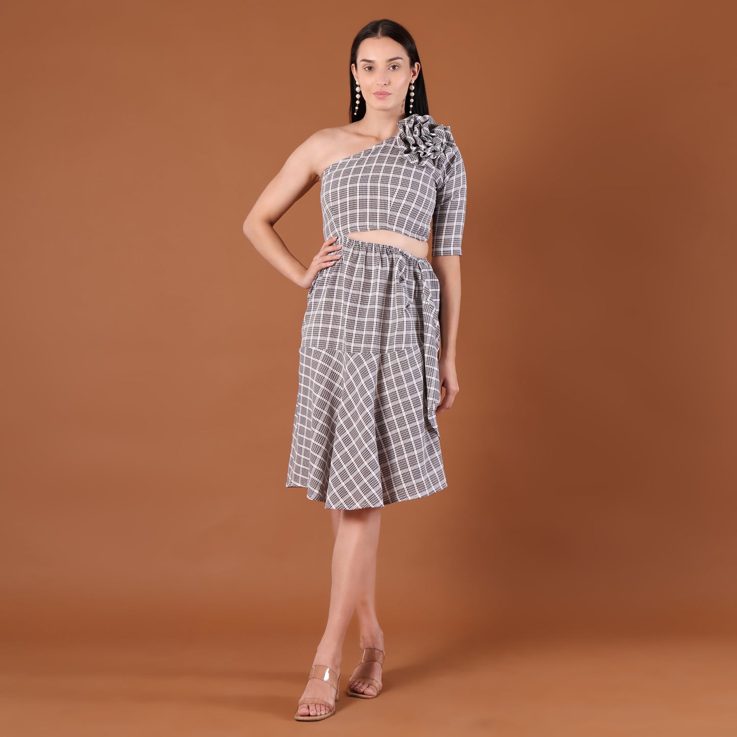 Check Print One-Shoulder Co-Ord Set