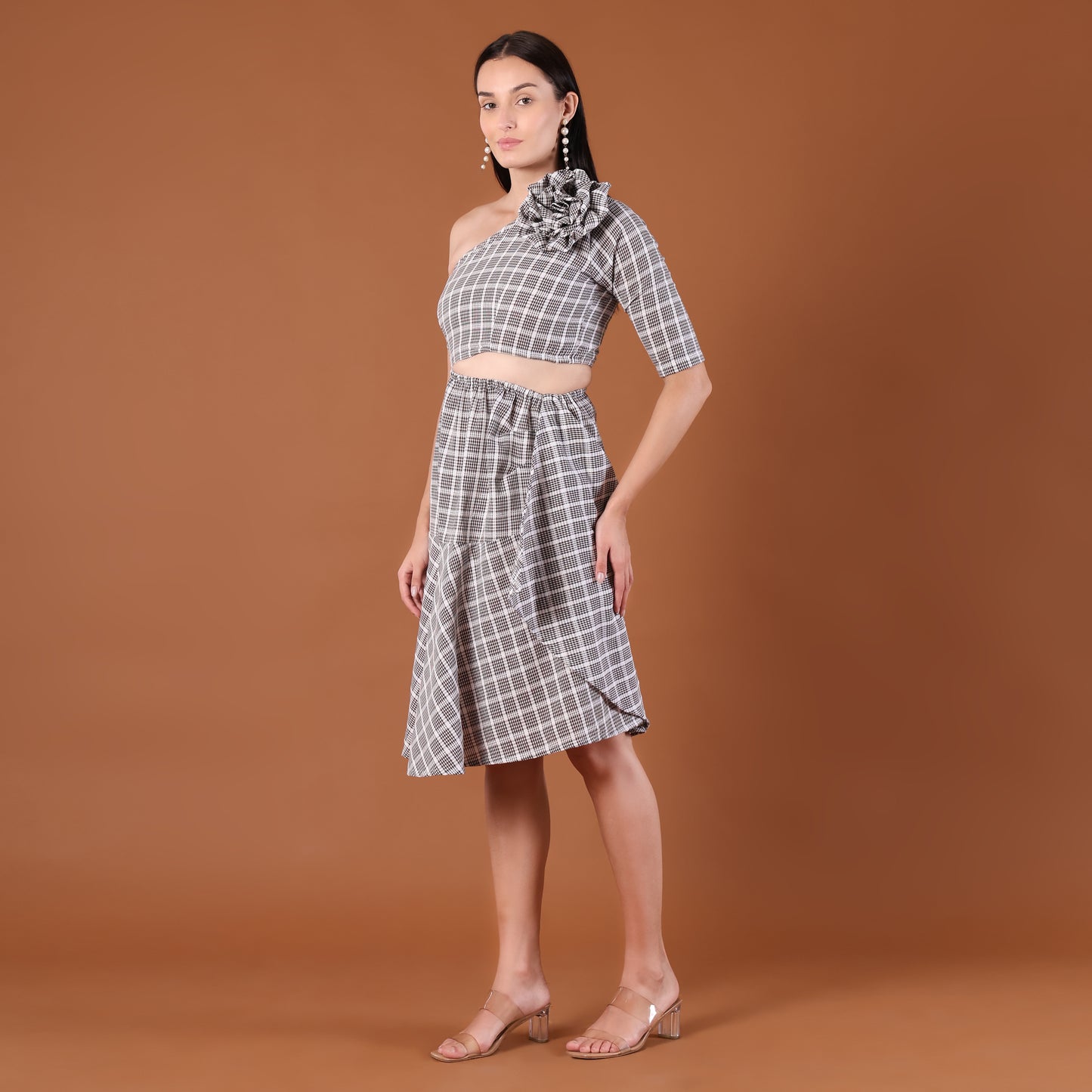 Check Print One-Shoulder Co-Ord Set