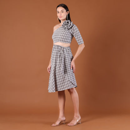 Check Print One-Shoulder Co-Ord Set