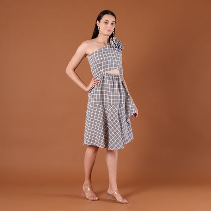 Check Print One-Shoulder Co-Ord Set
