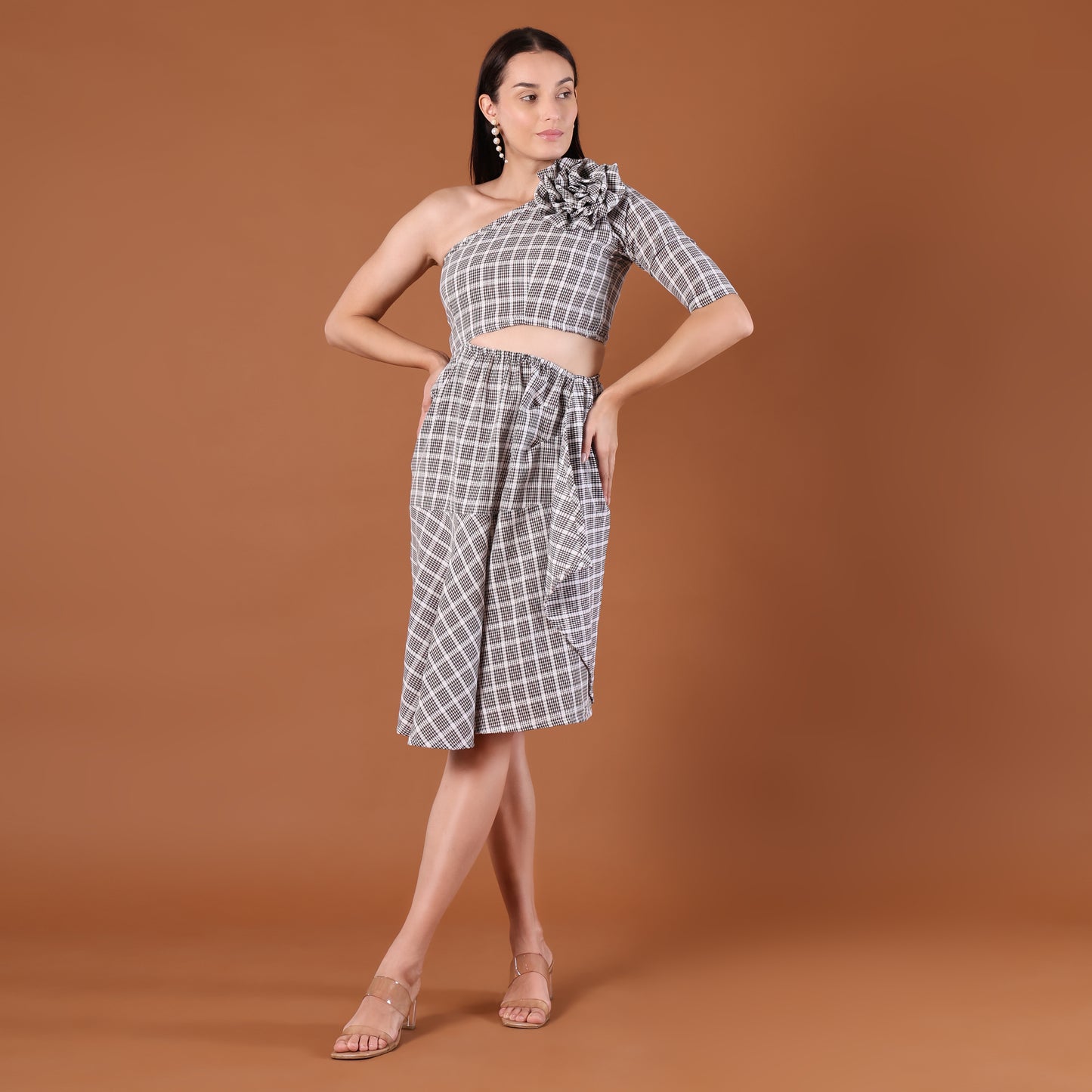 Check Print One-Shoulder Co-Ord Set