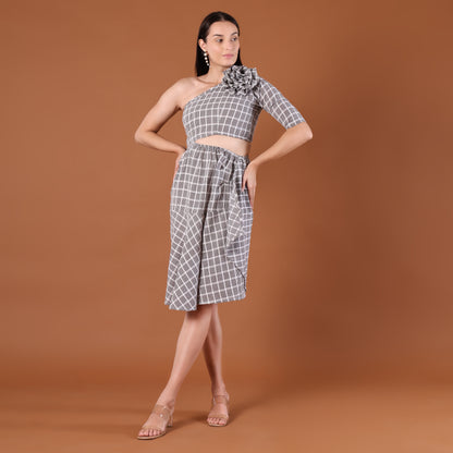 Check Print One-Shoulder Co-Ord Set