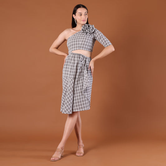 Check Print One-Shoulder Co-Ord Set