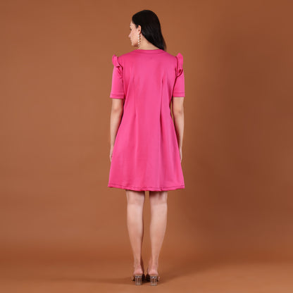 Hot Pink Puff-Shoulder A-Line Mini Dress