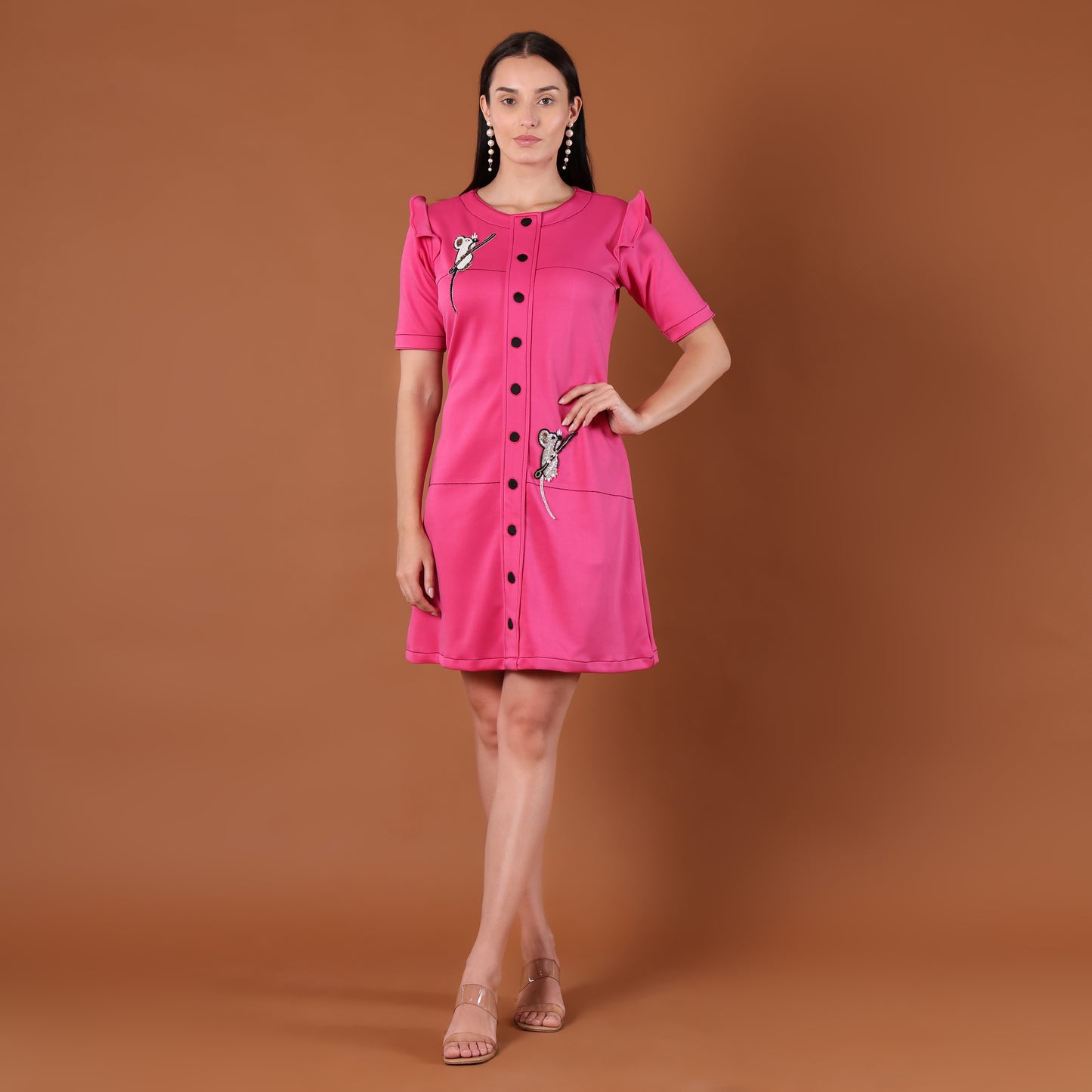 Hot Pink Puff-Shoulder A-Line Mini Dress
