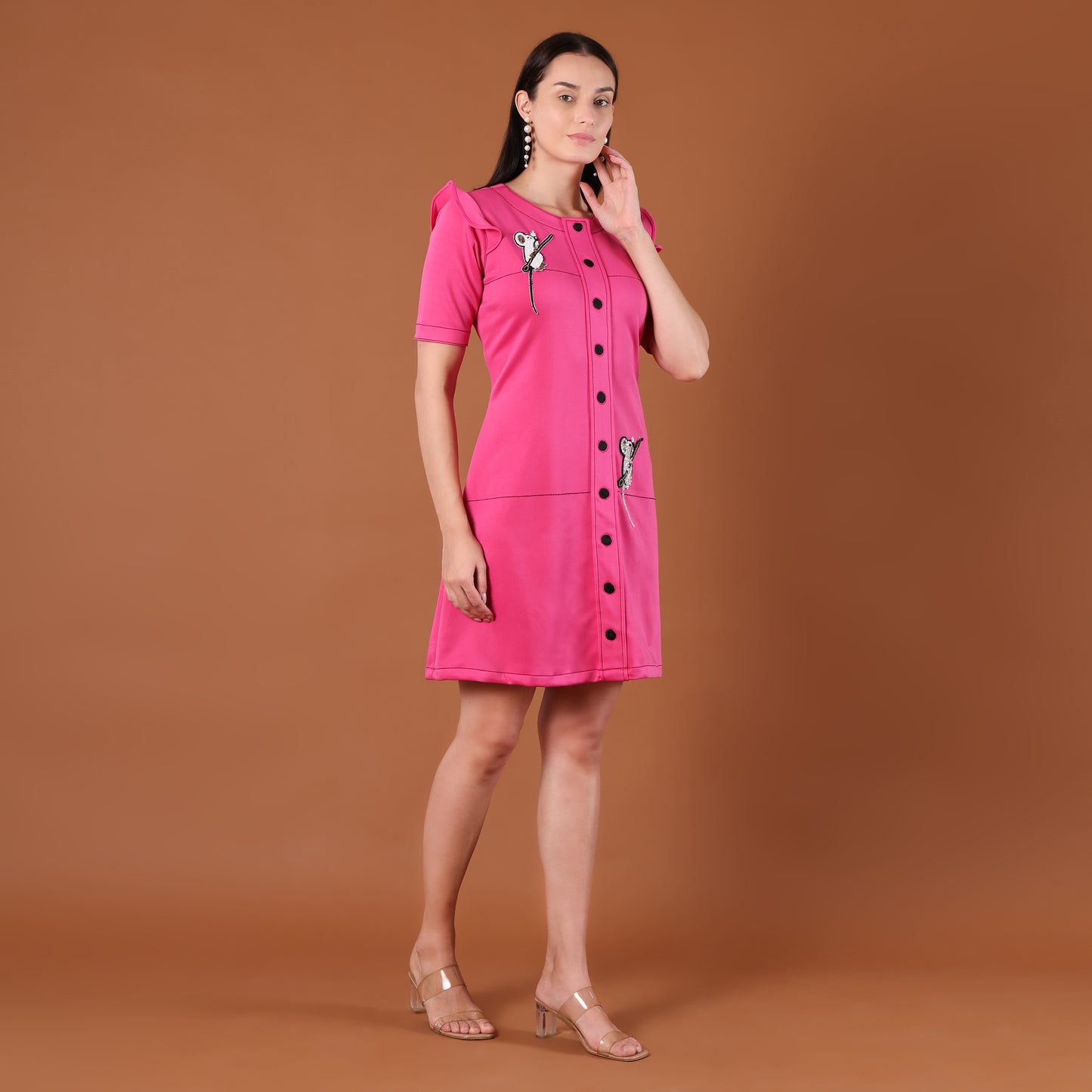 Hot Pink Puff-Shoulder A-Line Mini Dress