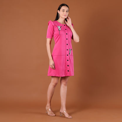 Hot Pink Puff-Shoulder A-Line Mini Dress