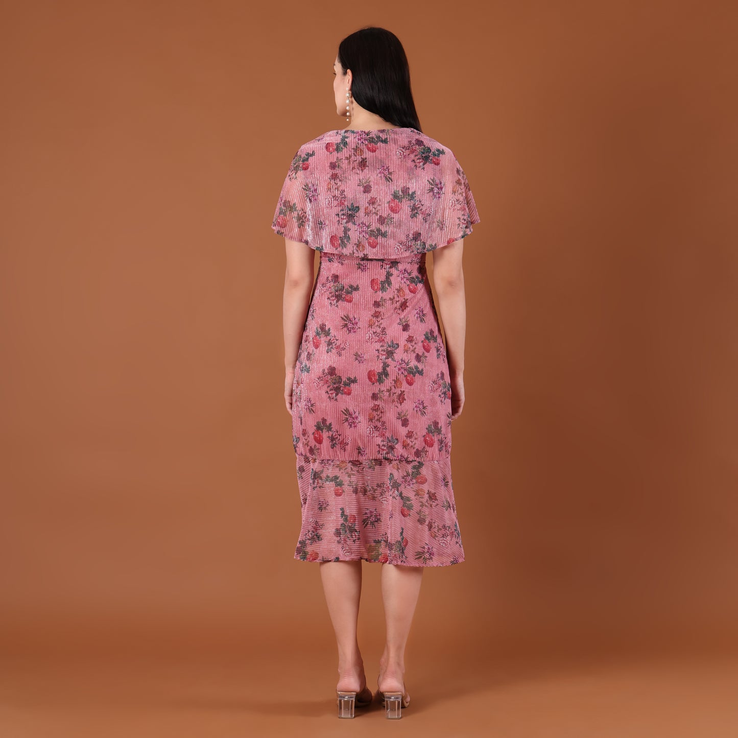 Pink Floral Print Pleated Wrap Midi Dress
