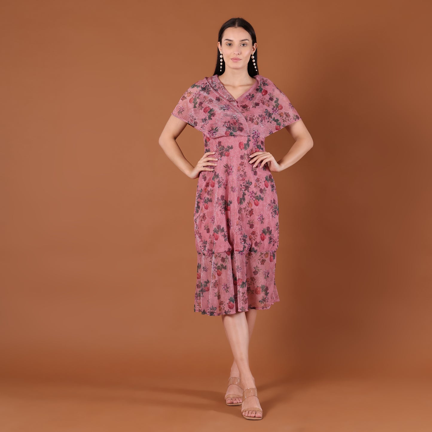 Pink Floral Print Pleated Wrap Midi Dress