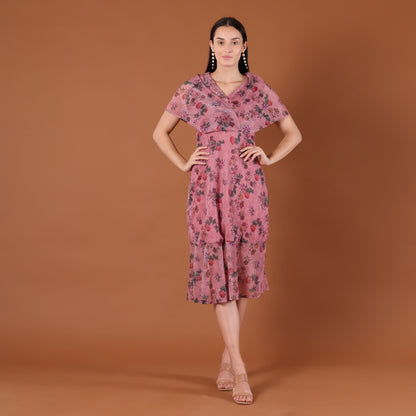Pink Floral Print Pleated Wrap Midi Dress