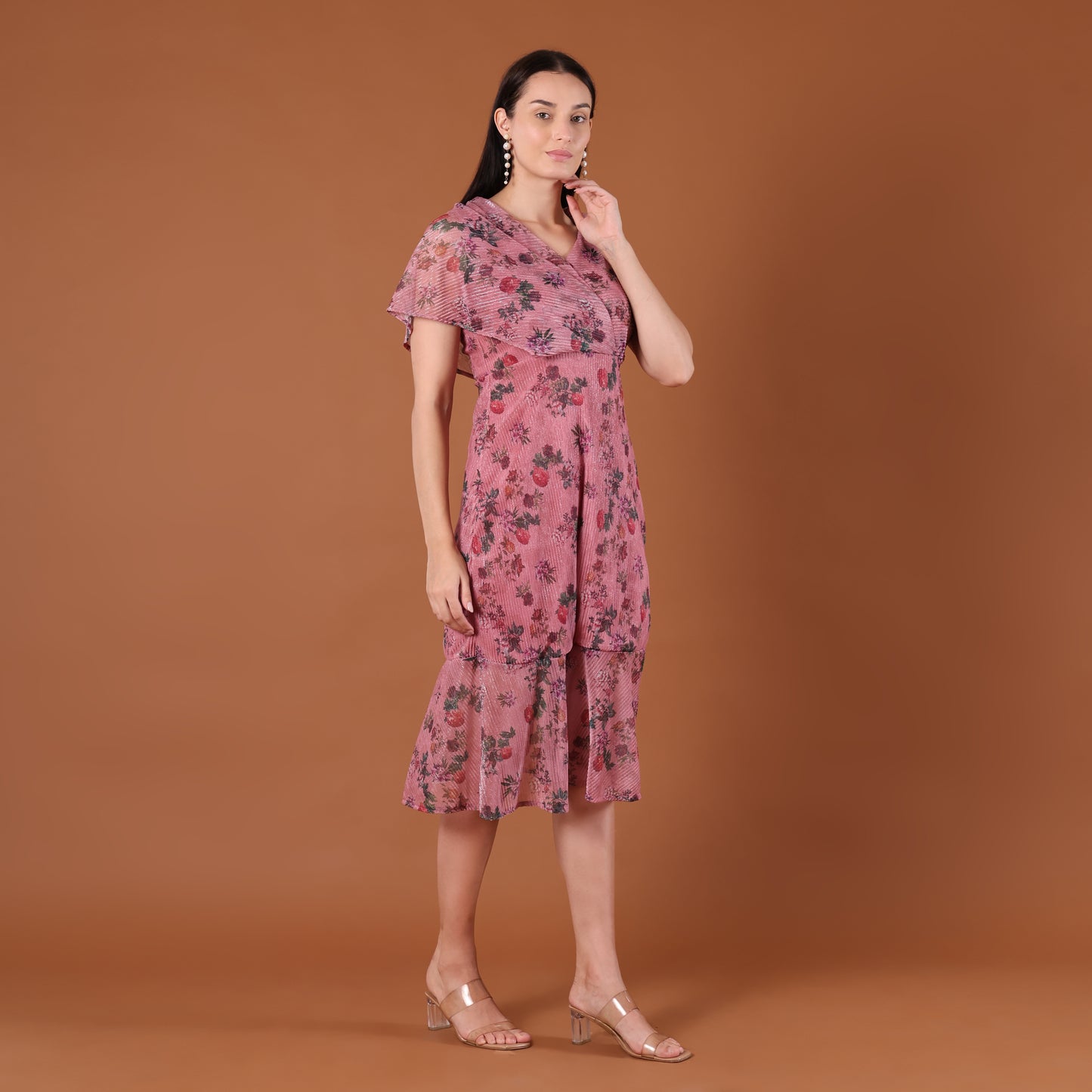 Pink Floral Print Pleated Wrap Midi Dress