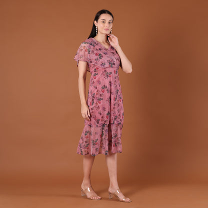 Pink Floral Print Pleated Wrap Midi Dress