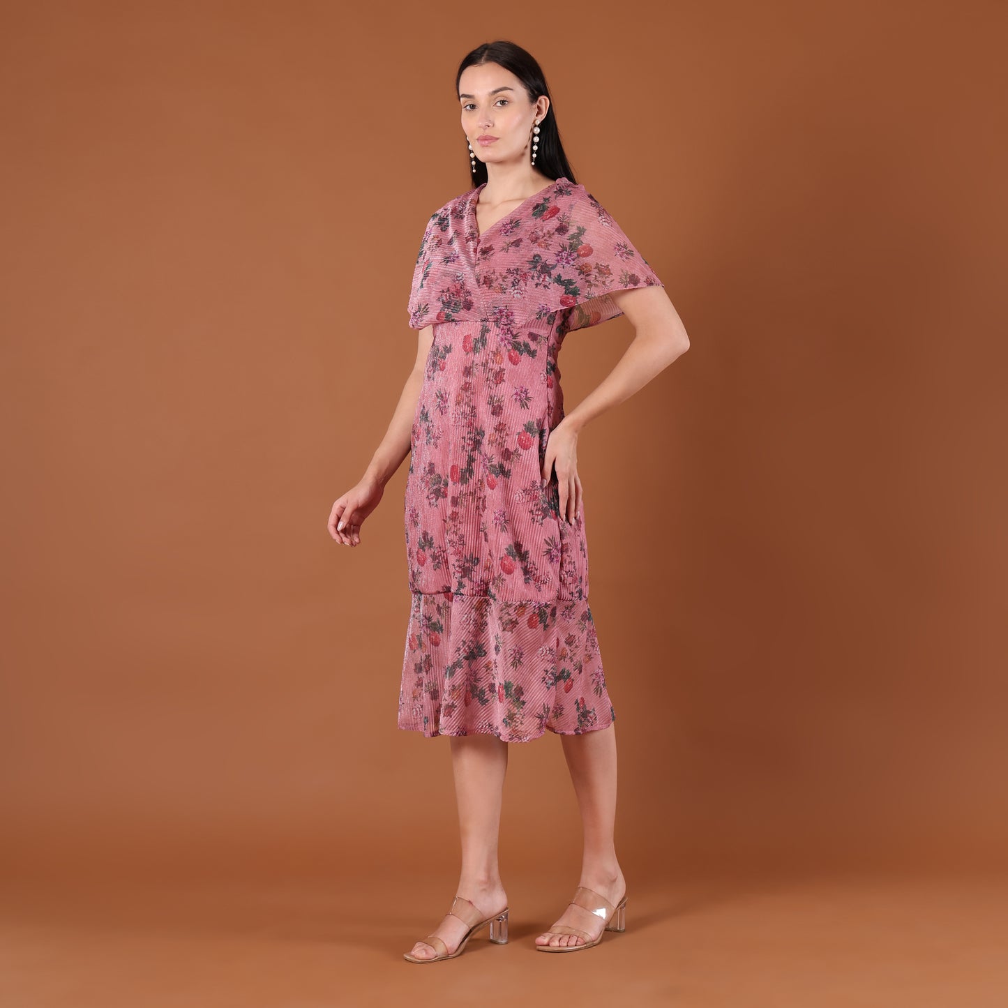 Pink Floral Print Pleated Wrap Midi Dress