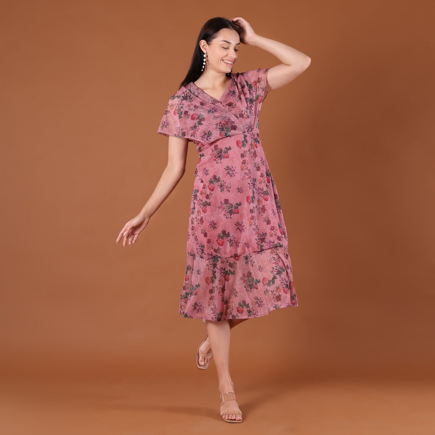 Pink Floral Print Pleated Wrap Midi Dress