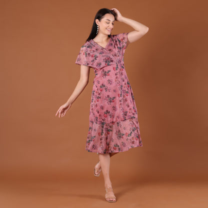 Pink Floral Print Pleated Wrap Midi Dress