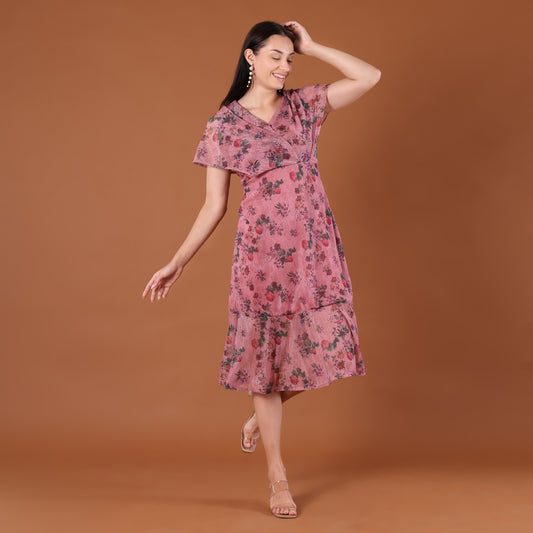 Pink Floral Print Pleated Wrap Midi Dress