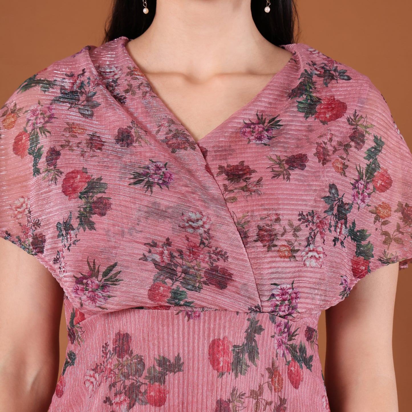 Pink Floral Print Pleated Wrap Midi Dress