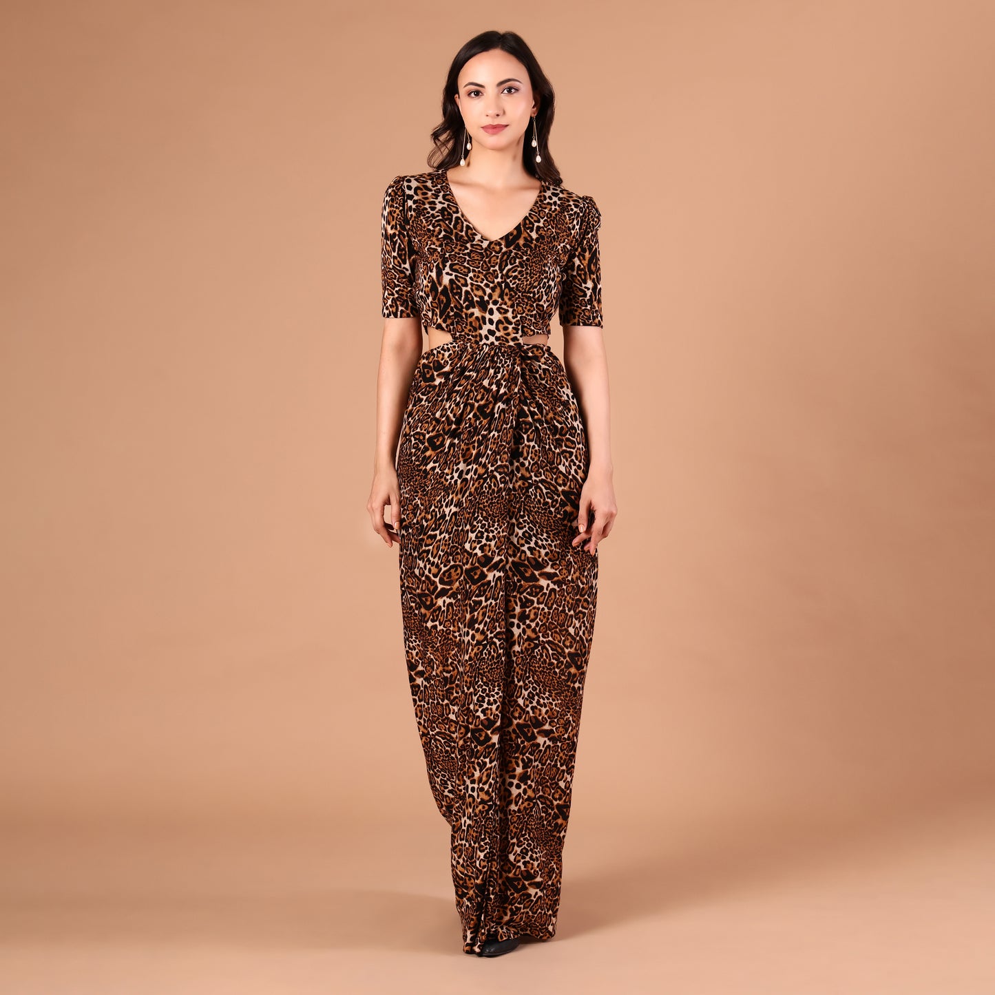 Leopard Print Cutout Waist Maxi Dress