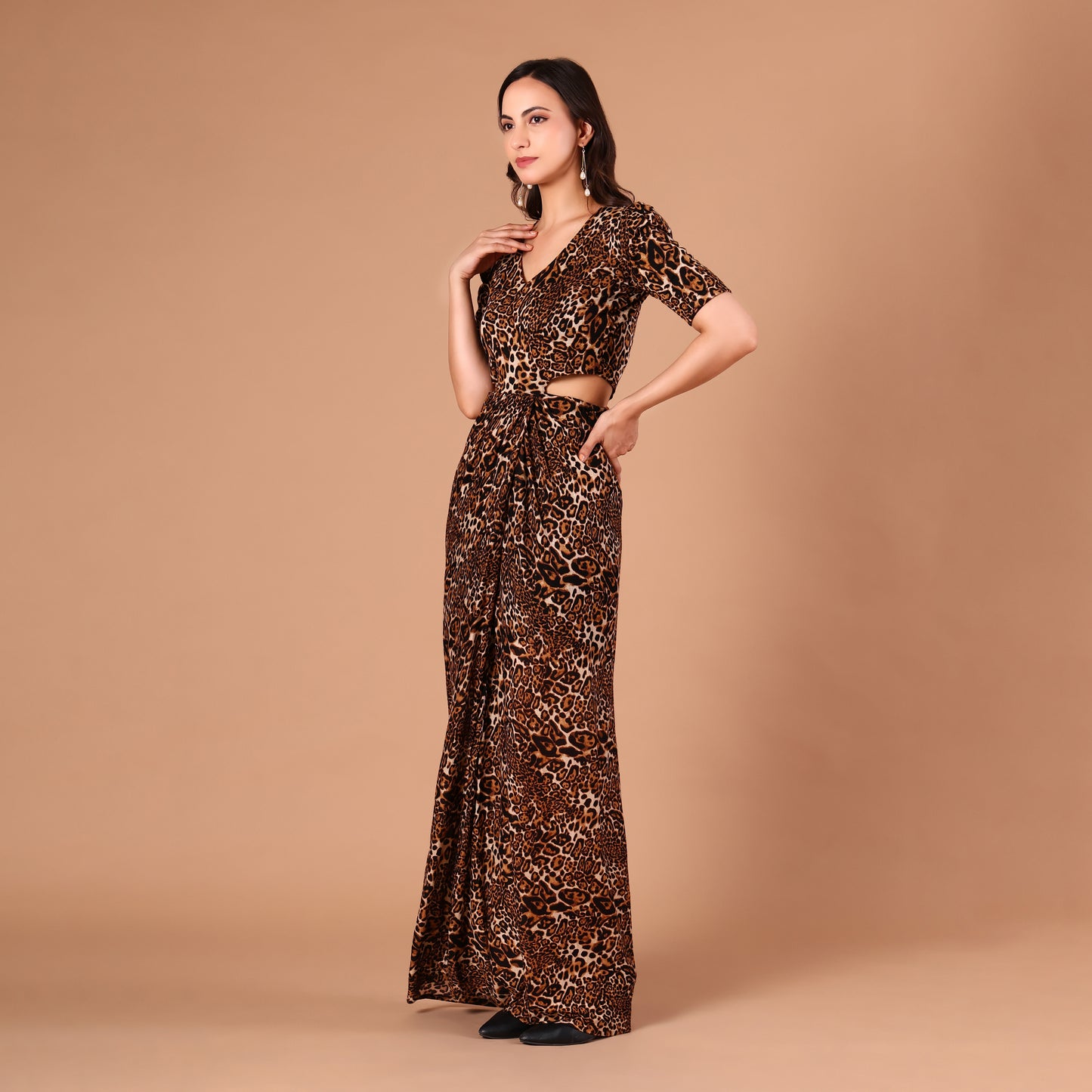 Leopard Print Cutout Waist Maxi Dress