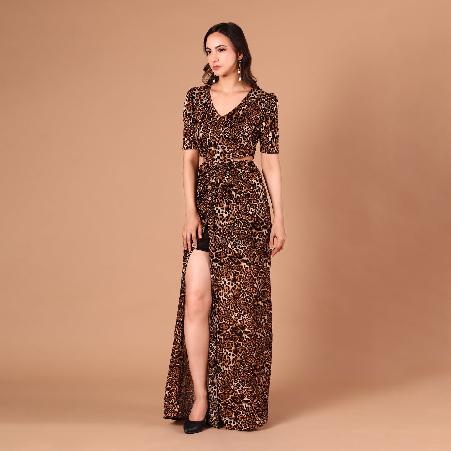 Leopard Print Cutout Waist Maxi Dress