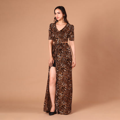 Leopard Print Cutout Waist Maxi Dress
