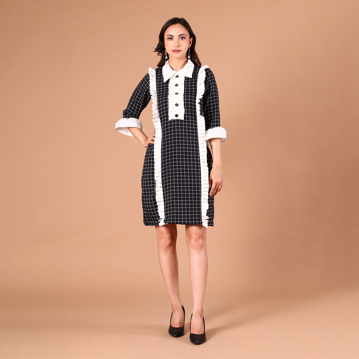 Black & White Check Ruffle Shirt Dress