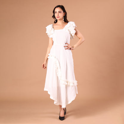 White Ruffled Asymmetric Hem Dress