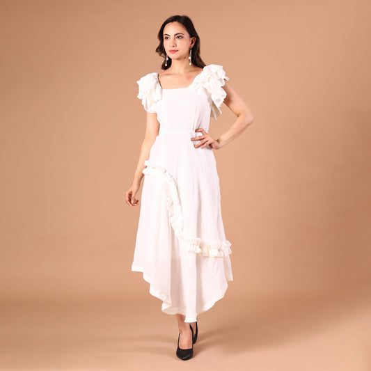 White Ruffled Asymmetric Hem Dress
