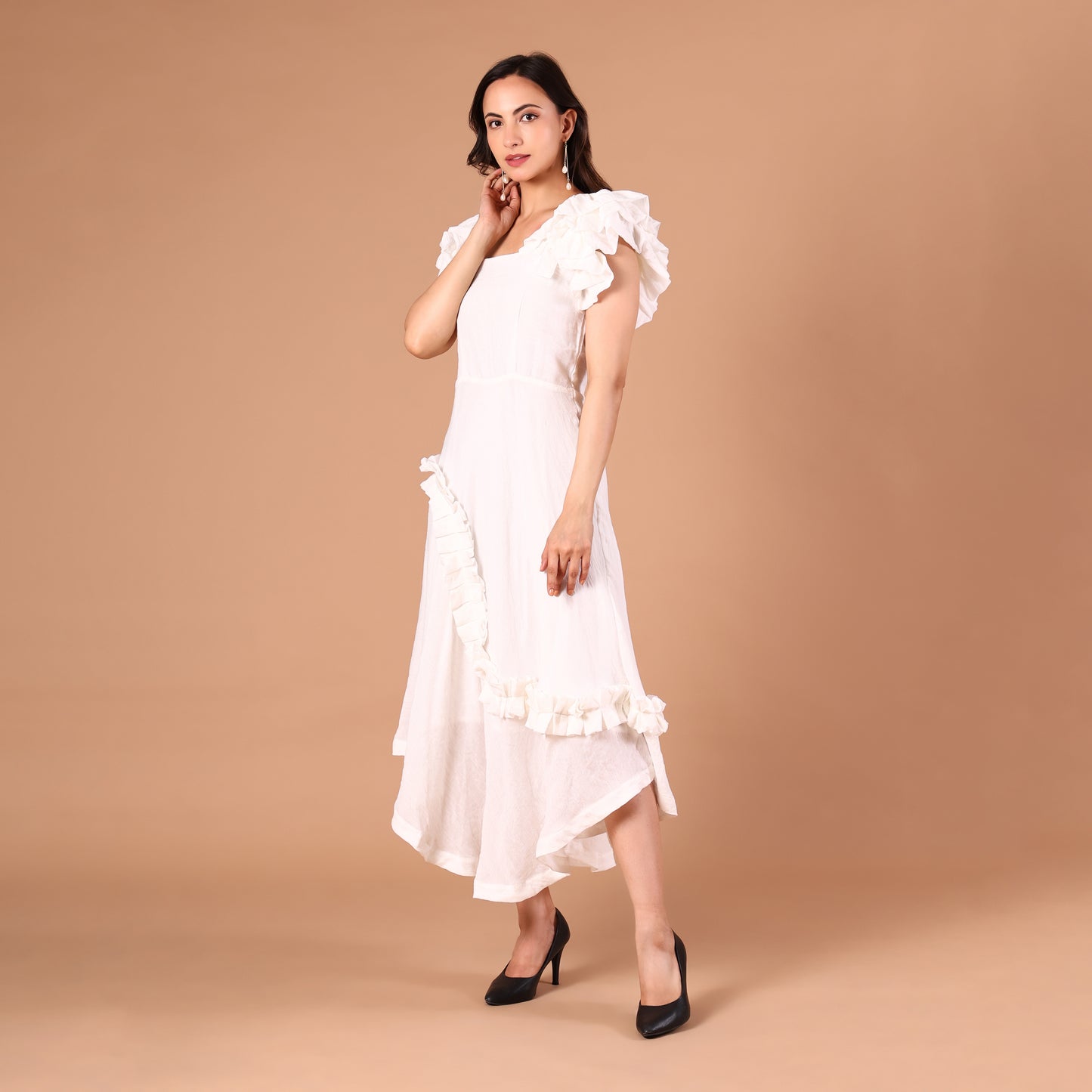 White Ruffled Asymmetric Hem Dress
