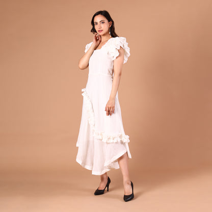 White Ruffled Asymmetric Hem Dress