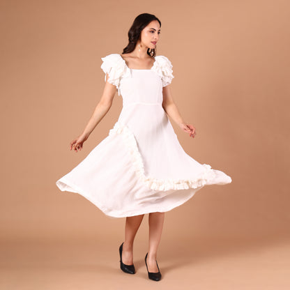 White Ruffled Asymmetric Hem Dress