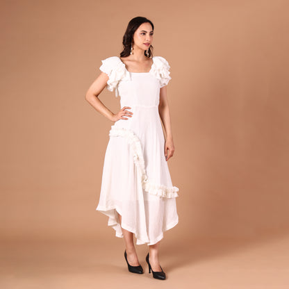 White Ruffled Asymmetric Hem Dress