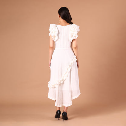 White Ruffled Asymmetric Hem Dress