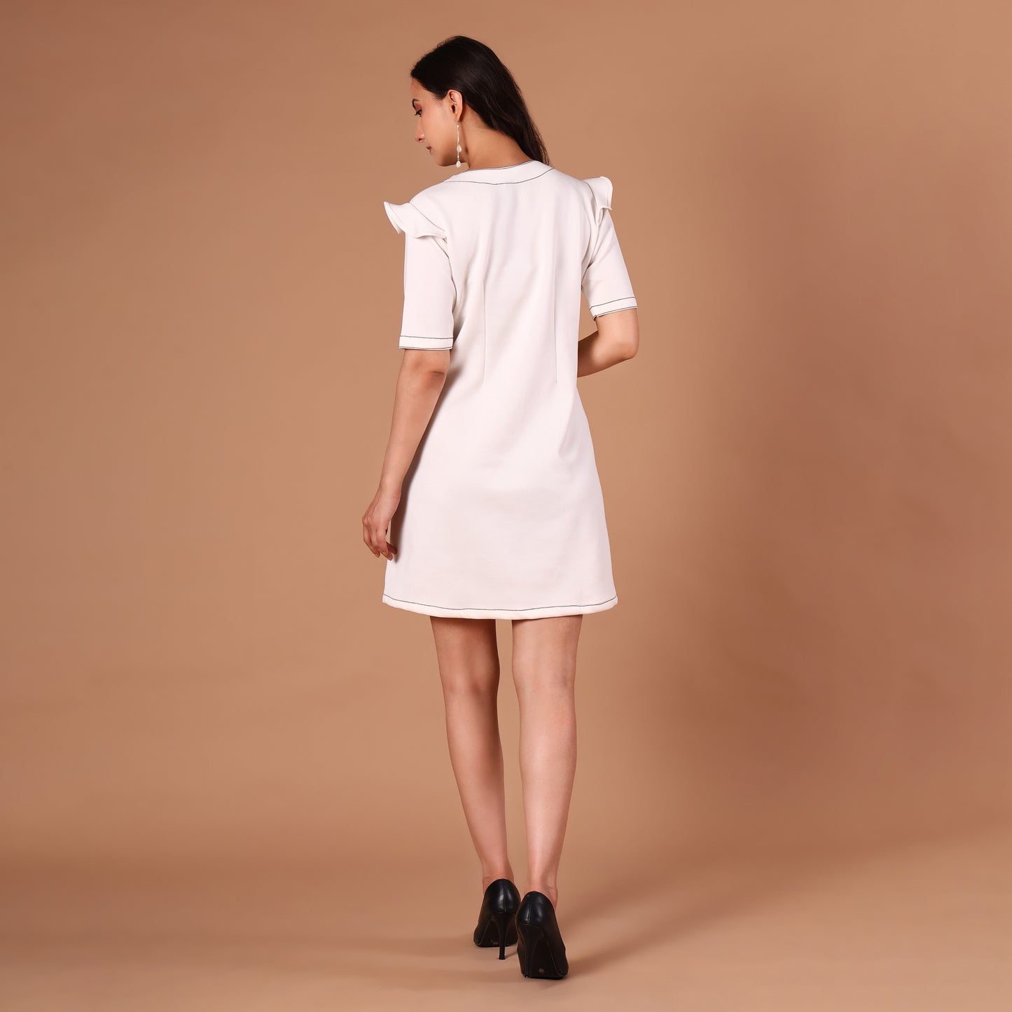 Ivory Contrast-Stitch Embroidered Shift Dress