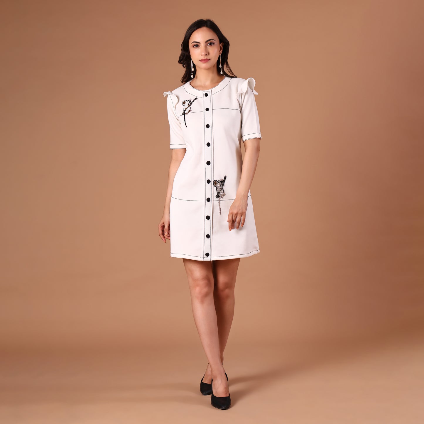 Ivory Contrast-Stitch Embroidered Shift Dress