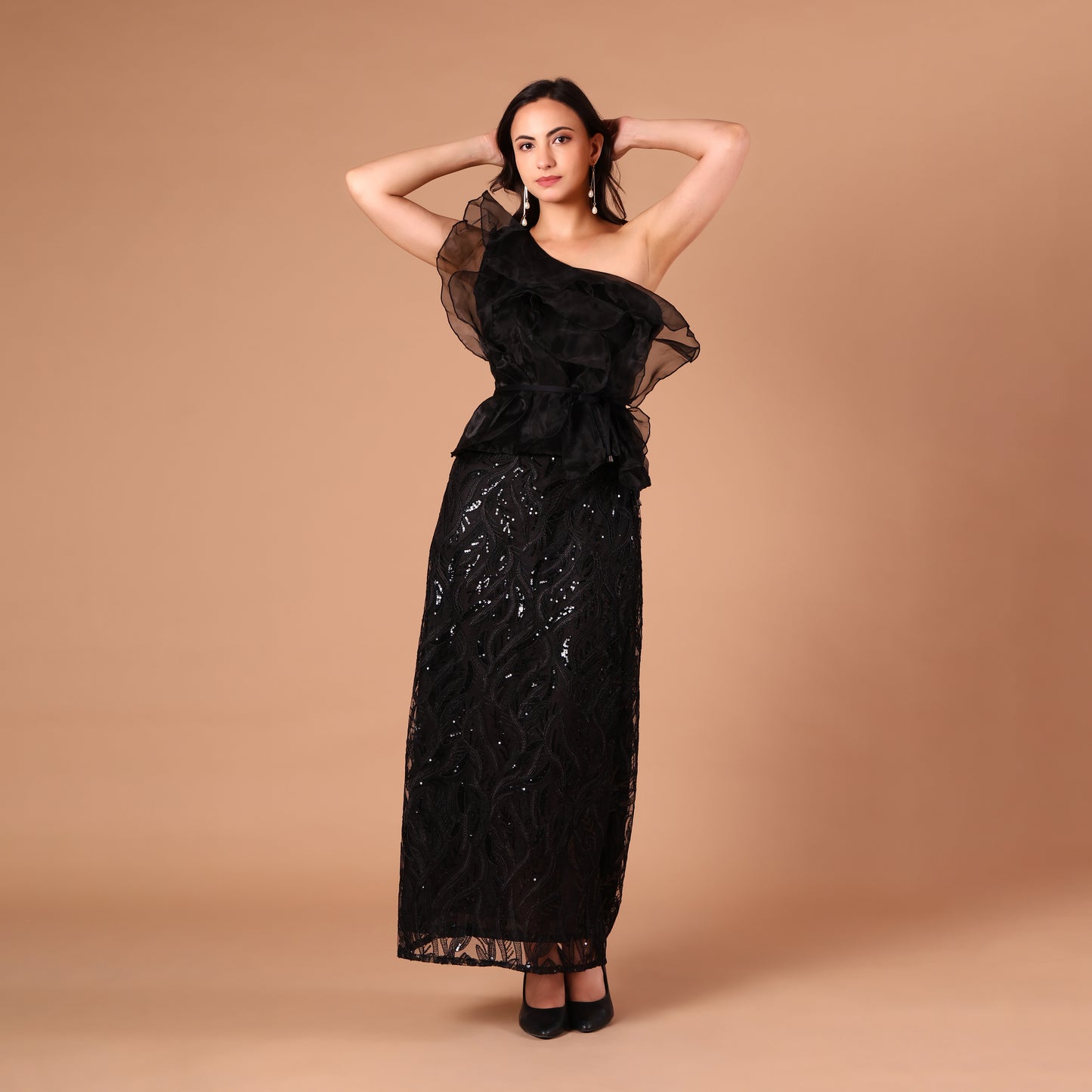 Black One-Shoulder Organza Ruffle Sequin Gown