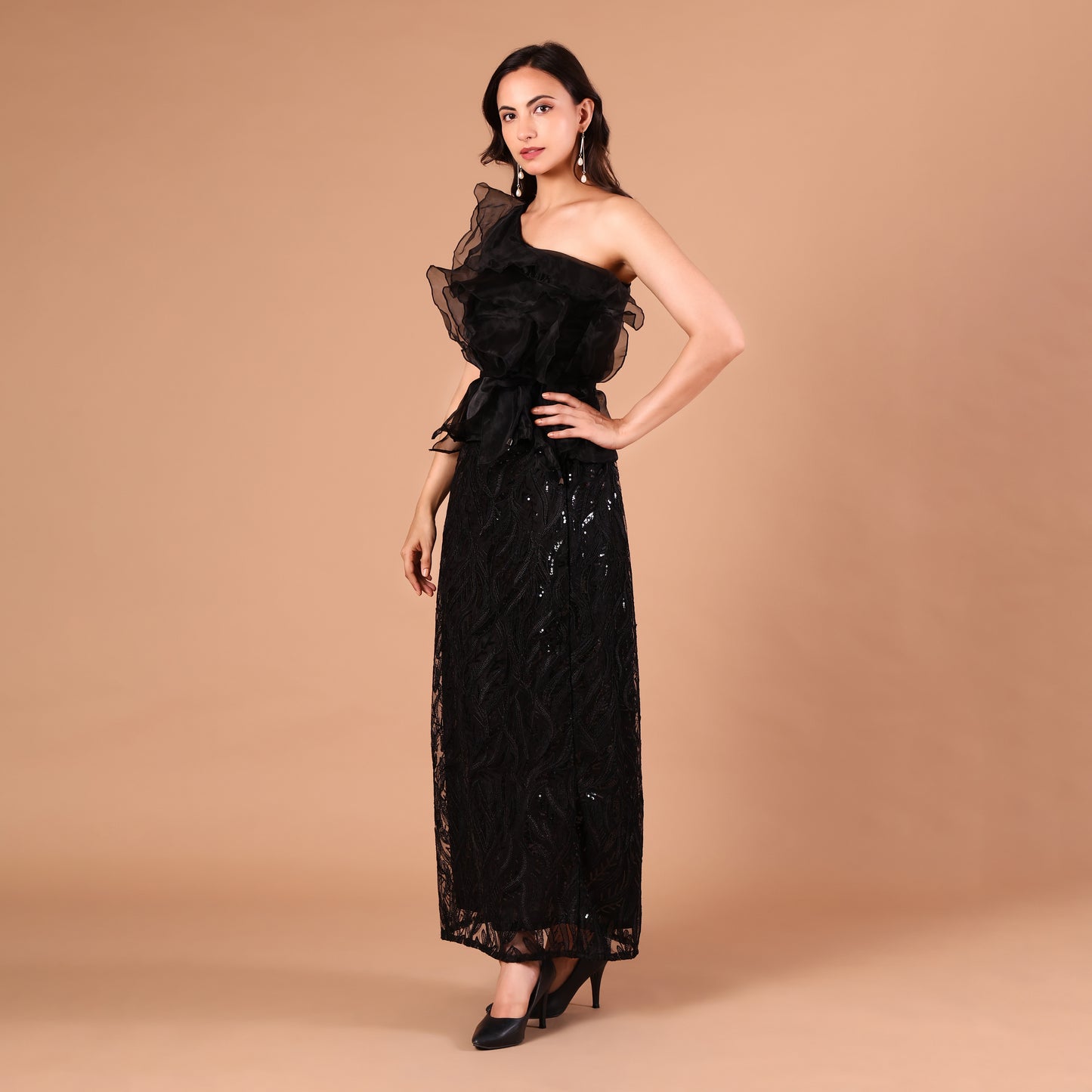 Black One-Shoulder Organza Ruffle Sequin Gown
